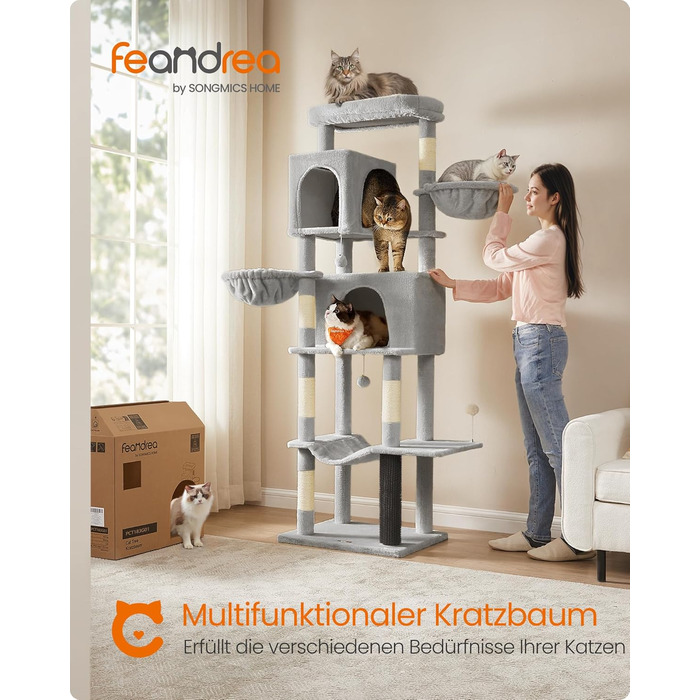 Великий багатоярусний котячий комплекс Feandrea 190,7 см, XXL, з 2 будиночками, 2 лежаками, 5 стовпчиками для дряпання, котячою щіткою, великою платформою, сірий
