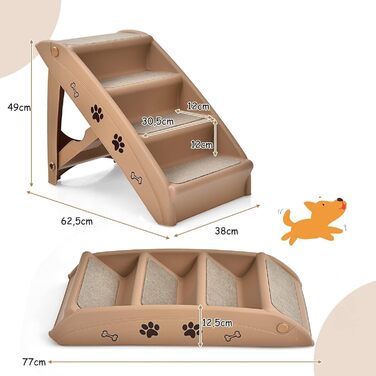Сходинки для домашніх тварин GYMAX з 4 сходинками, складані, з пластику, з неслизькими підкладками, 4 килимками, трикутною структурою, для котів та собак (колір кавовий)