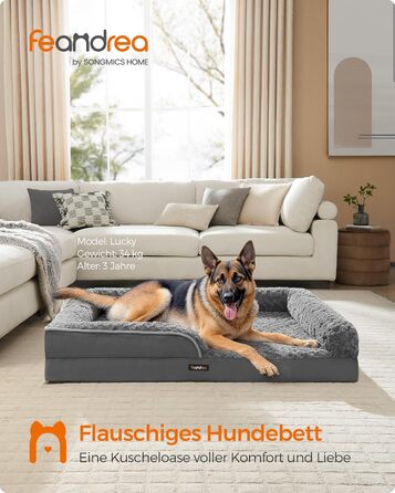 Ортопедичне ліжко для собак Feandrea, середнього розміру, водонепроникне, знімний плюшевий чохол, 91 x 68 x 16 см, PGW252G02 (XXL 122 x 85 x 16 см, сірий)