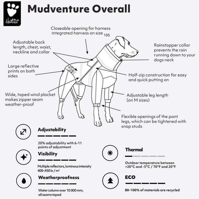 Водонепроникний комбінезон-дощовик для собак Hurtta Mudventure Overall ECO, чорний, 65M, екологічний матеріал