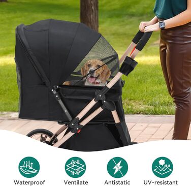 Візок для собак та котів YITAHOME, чорний, до 22 кг, складна конструкція, з сумкою, подушкою, сітковими вікнами та кошиком для зберігання