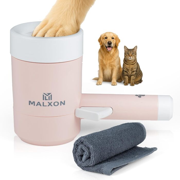 Очисник лап для котів та дрібних собак MALXON® | Ротаційні силіконові щітки, м'яке та швидке очищення, з мікрофібровою тканиною, рожевий/білий