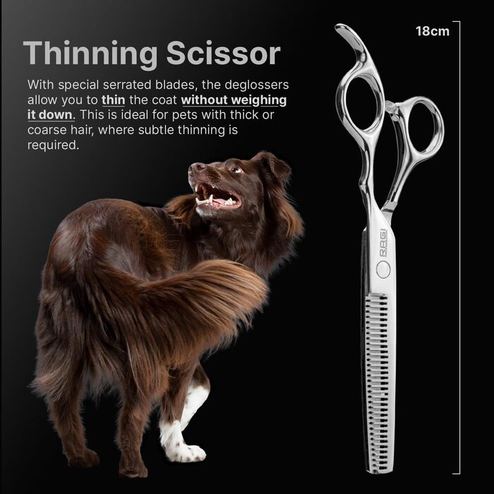 Набір професійних ножиць для собак RAGI: витончені ножиці, ножиці для стрижки лап, етикетка, серветка, ключ для регулювання. Нержавіюча сталь, срібло