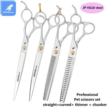 Професійний набір ножиць для грумінгу домашніх тварин, 19,1 см, для собак, прямі та зігнуті ножиці, фінішна ножиця, VG10 сталь (4 шт.)
