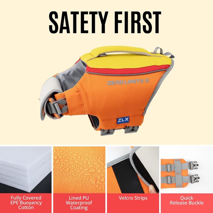 Спасальний жилет для собак великих порід, Ripstop, безпечний захват, регульований, для купання та водних прогулянок (жовто-помаранчевий, L)