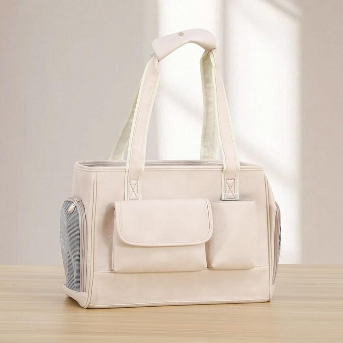 Сучасна переноска для тварин з екошкіри, біла, з кишенями, для котів та собак, схвалена авіаперевізниками