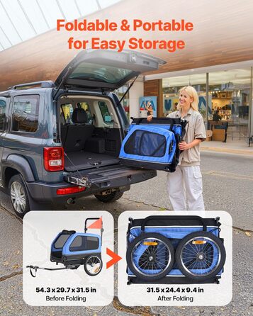 Причіп для собак VEVOR до 40 кг, 2-в-1, для маленьких та великих собак, з розкладним каркасом, універсальний з'єднувач, з прапорцем, внутрішній поводок, 1380x755x800 мм