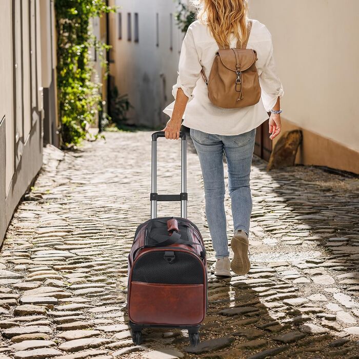 Сумка-переноска для тварин з екошкіри на колесах, для собак та котів до 6,8 кг, схвалена авіакомпаніями, для подорожей, кемпінгу та кав'ярень