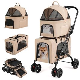 Візок для собак GOPLUS 3 в 1, візок-переноска з 2 знімними відділеннями, сітчастими віконцями, кріпленням на липучках, колесами з гальмом, знімними подушками, візок для подорожей з собаками та котами (Бежевий)