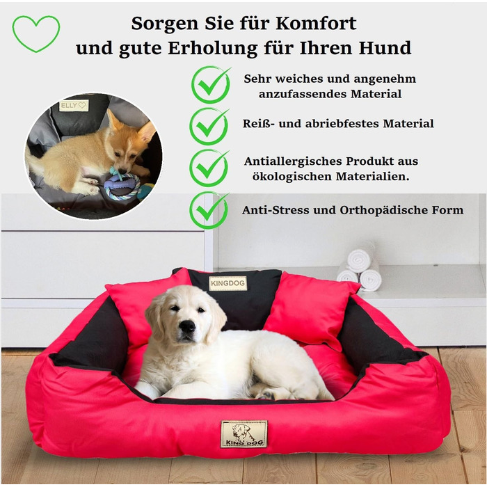 Крісло-ліжко для собак середніх порід King Dog, 75 x 65 см, миється, з можливістю персоналізації (ім'я), водонепроникний матеріал, силіконова наповнювач, червоний колір