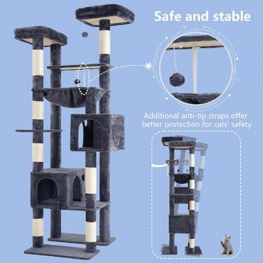 Комплекс для котів Hey-brother Hoher Kratzbaumturm: багатоярусний, з гамаком, печерами та іграшками, 203 см, сірий