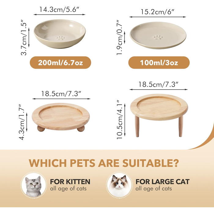 Набір керамічних мисок для котів Havnina (3 шт., білий): миски для їжі та води без дискомфорту від вусів, 14 см, широкий бортик, вінтажний лате