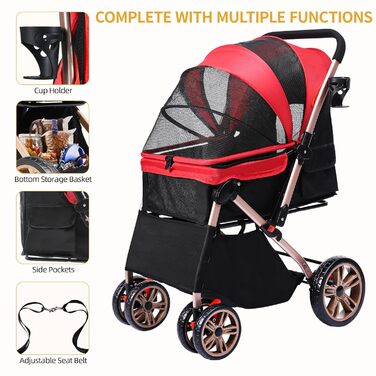 Візок для собак DWVO 3-в-1: візок, переноска, сумка. До 22 кг, EVA-колеса, сітчасті вікна, червоний (58.5x76x105 см)