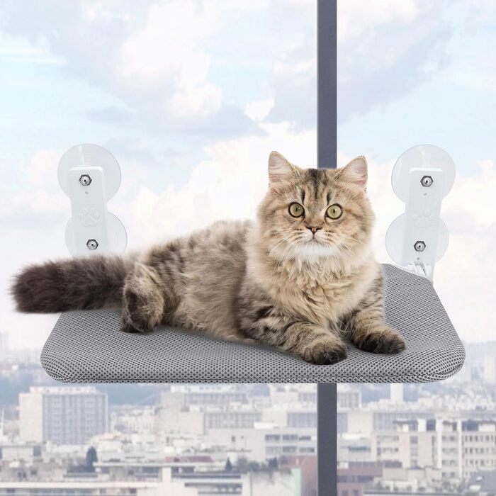 Кішка лежанка на вікно Gearific, розкладна гамак з 4 присосками, міцний каркас, дихаюча сітка, сірий, 45 x 30 см