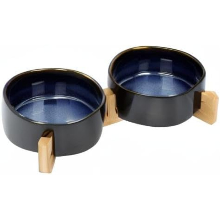 Набір мисок для собак та котів SPUNKYJUNKY з кераміки, 2 шт., 400 мл, блакитний, з підставкою з бамбука