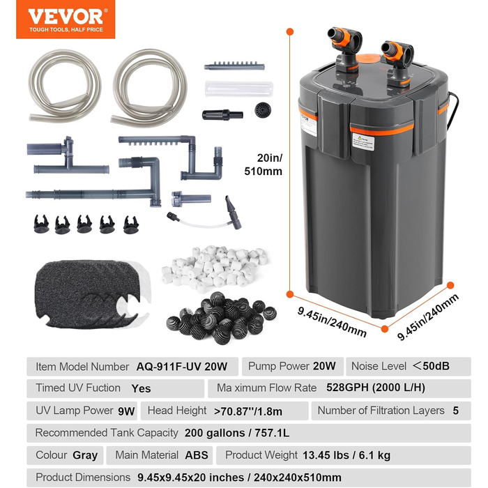 VEVOR акваріумний фільтр 264GPH, 3-ступеневий каністровий фільтр 284л, ультратихий внутрішній фільтр з УФ-захистом, багатофункціональний занурювальний фільтр для акваріумів, 11 Вт