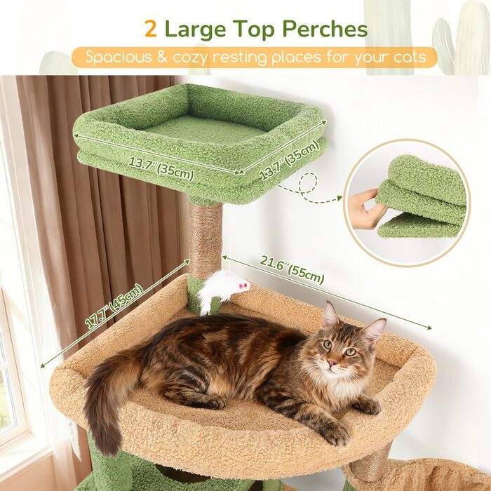 Дерев'яний комплекс для котів Globlazer XXL, 209 см, з 2 будиночками, великою платформою, 3 кошиками, ситцевими стійками, 8 сизалевими стовпчиками для дряпання, стабільний, зелений