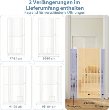 Захист для воріт COSTWAY для собак, високе перегороджувальне ґрат, 77-104 см x 150 см, захист з маленькими дверима, 2 розширення, ґрат без свердління, висувний ґрат для собак, металевий захисний ґрат, білий