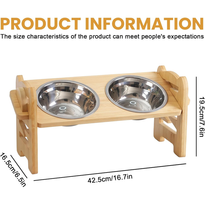 Підвищена годівниця для собак з бамбука з регулюванням висоти, 2 миски з нержавіючої сталі, нахилена годівниця для собак і котів, довговічна