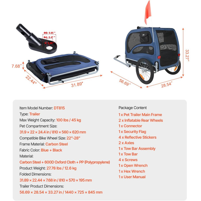 VEVOR Причіп для собак, вантажопідйомність до 45,4 кг, легкий, складна конструкція, універсальний кріплення, відбивачі, прапор