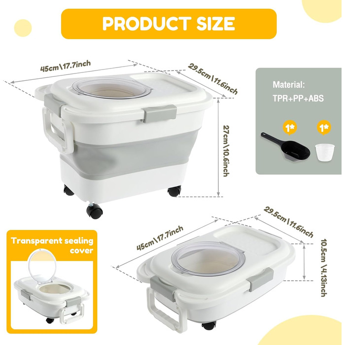 Контейнер для собачого корму, герметичний, складної конструкції, з лопаткою та колесами. Складаний контейнер для зберігання рису та корму для тварин (собаки, коти).