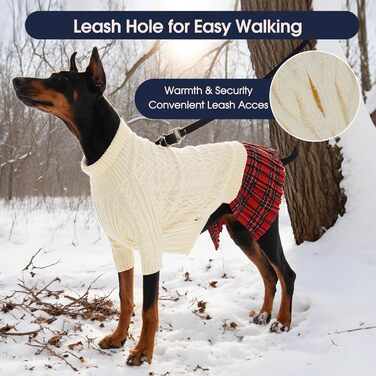 Теплий зимовий пуловер для собак великих порід IECOii, червоний, з отвором для повідка, в'язаний з косами, XXXL (71 см)