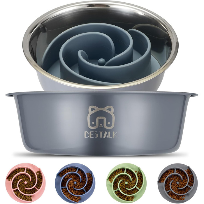 Миска для собак 2-в-1 Slow Feeder з нержавіючої сталі Bestalk, миска для їжі та води з антиковзним дном, 304 сталь, сірий колір, об'єм 1.5 чашки