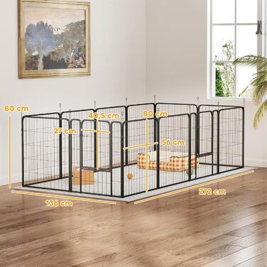 PawHut Вольєр для собак, сталевий вольєр з 12 панелей, модульний та складаний, переносний, 60H см з 2 дверима, загін для маленьких собак, для використання в приміщенні та на вулиці, чорний (12P 204 x 204 x 80 см)