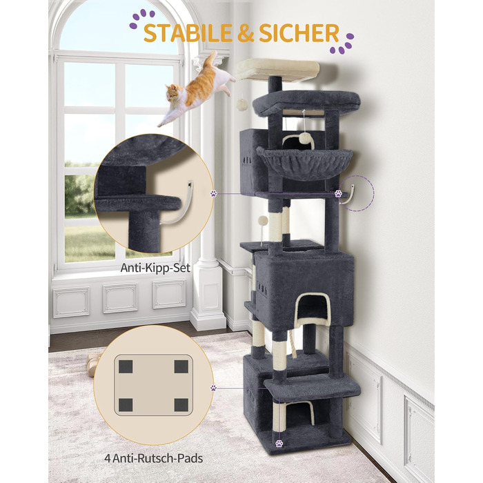 Великий котячий будиночок-кліматизатор, 193 см, XXL, з 7 стовпчиками для шліфування, 3 будиночками, 2 платформами, 2 плюшевими кульками, корзиною, мотузкою для лазіння, багатоповерховий, MS19218LG (темно-сірий)