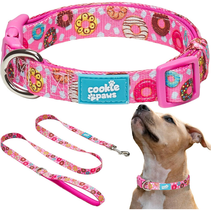 Нашийник і повідок для великих собак Cookie Paws, м'який неопрен, зручний, регульований, швидка застібка, міцний, дихаючий, легко чиститься, рожевий з пончиками, стильний