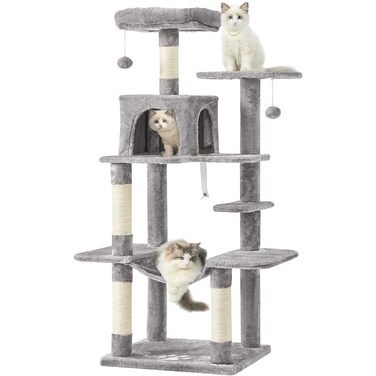 Кігтеточка для котів MSmask велика, багатоповерхова з платформами, гамаком та сизалевими стовпчиками (світло-сіра)
