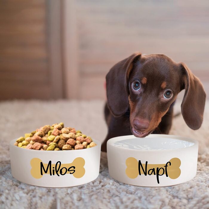 Керамічний двомісний набір мисок з іменем для собак та котів 'Кістка' - персоналізований набір мисок з/без підставки | Миска для собак, миска для котів, годівниця | 2x 500 мл