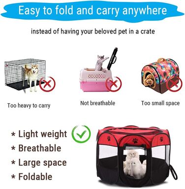 Переносне вольєр для тварин, 8-панельне, для собак, котів, кроликів та інших дрібних тварин, 68x45 см (Червоний)