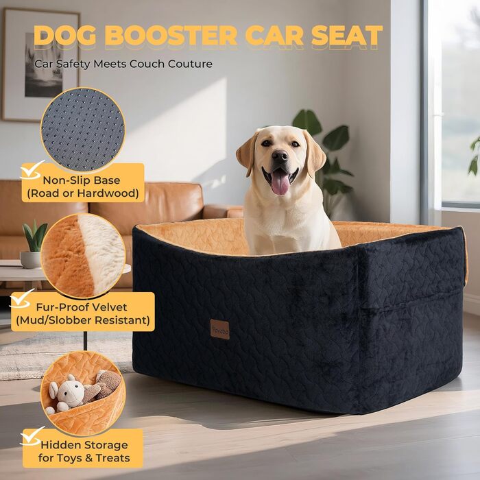 Автокрісло для собак великих та середніх порід до 27,2 кг – З піднятою передньою частиною (35,6 см), подушка з Memory Foam, знімний чохол (чорний/коричневий)