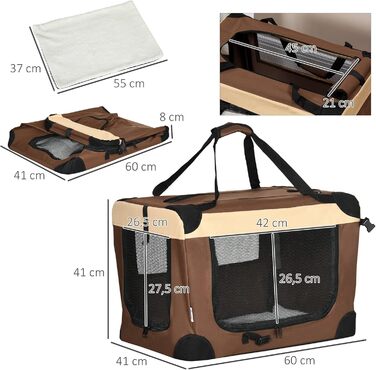 PawHut переносна сумка для собак та котів, складана, з вікнами, м'який килимок, 2 плечові ремені, 60x41x41 см, коричнева