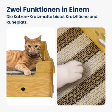 Кігтечка для котів з картону велика XXL, лежанка-кігтеточка, коробка для котів, кігтешкребок, килимок для котів з високоякісного гофрокартону та дерева, 48,5x40x15,5 см, подарунок для любителів котів, жовто-білі смуги