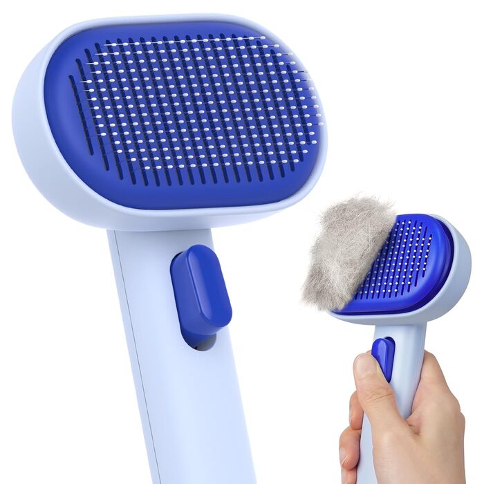 Щітка для котів Aumuca з кнопкою випуску шерсті, довговічна, для короткої та довгої шерсті, видаляє відмерле волосся та масажує (Блакитна)