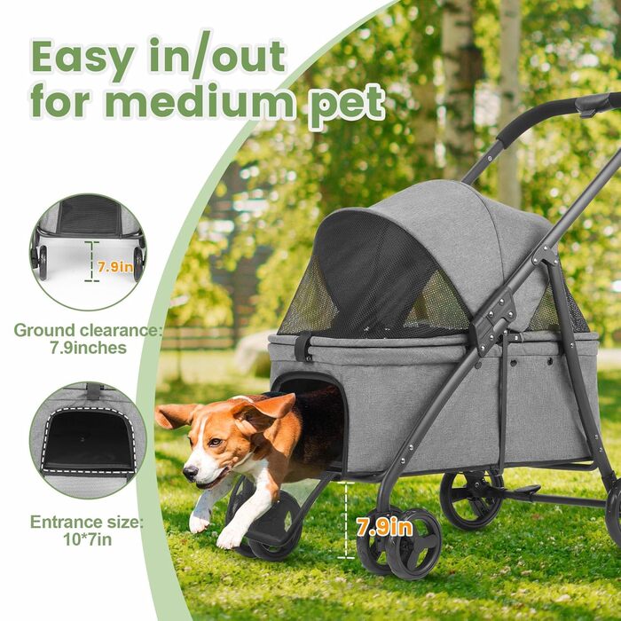 Дитяча коляска для собак з 4 колесами, складна, з регульованою ручкою, подвійна місткість, вагон-візок для собак, з передньою дверцею, для маленьких (Блакитно-зелений) (Темно-сірий)