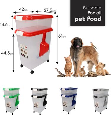 DIVCHI Контейнер для зберігання корму для тварин, 3 шт. з мірною ложкою, для собак, котів, корму для тварин, сухий корм, з роликами (Червоний)