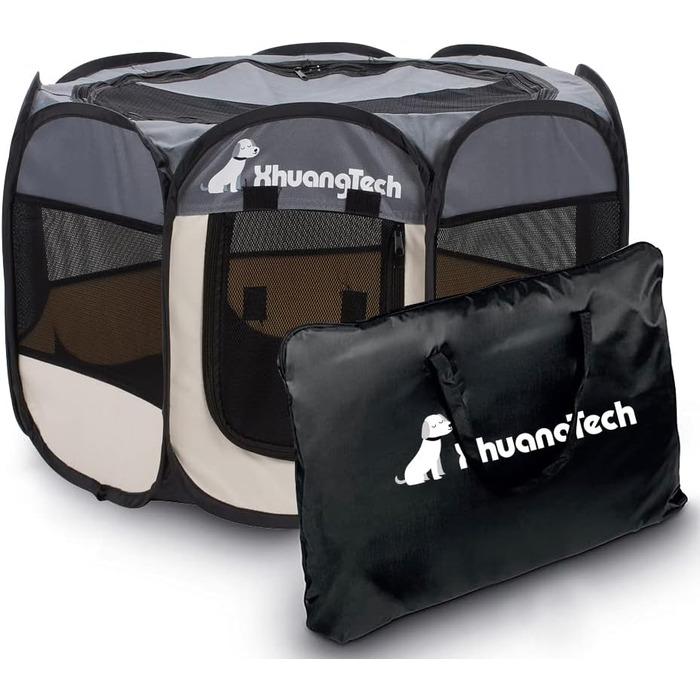 Клітка-манеж для тварин XhuangTech: собаки, коти, цуценята, 80x80x58.4 см, м'який матеріал, портативна, складана, для дому та вулиці, сіра та бежева