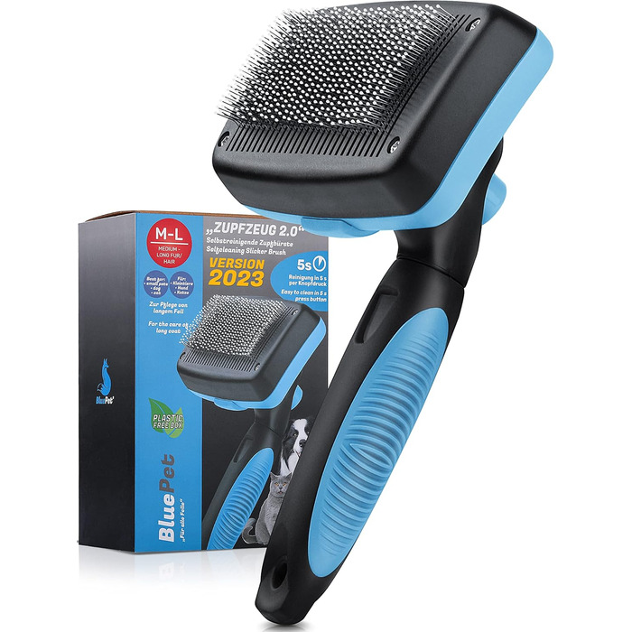 Щітка для собак та котів BluePet для довгої шерсті 2.0: видаляє підшерсток, ковтуни та вузли. З кнопкою для очищення. Для щоденного використання (Блакитна)