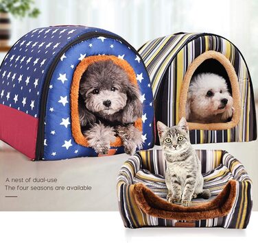 Лежанка для собак і котів Hongbi 2 в 1: хатинка та диван, знімний мат, блакитний з білим зірками (2XL, кольорові смужки)