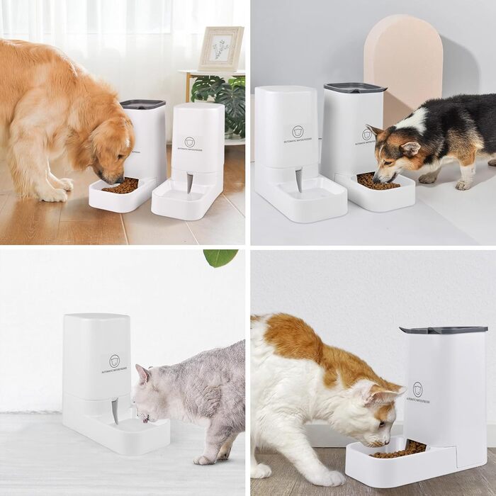 Автоматичний годівниця для котів Dreamhigh® з диспенсером води для собак, 2.1 кг корму та 3.8 л води, без батарейок, BPA Free, для подорожей, білий