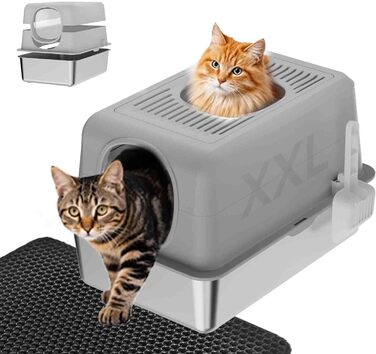 Лотку для котів з нержавіючої сталі з кришкою, великий, для великих котів, з совоком та килимком сірого кольору