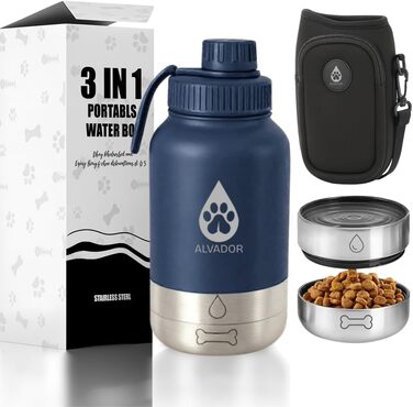 Водяна пляшка для собак на 1000 мл з переносною сумкою, 4-в-1, нержавіюча сталь, ізольована, без BPA, з мисками для води та корму, аксесуари для собак, блакитний колір