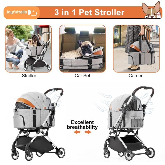 Візок для собак 3 в 1, до 15 кг, сірий. Візок для собак та котів, складний, з сумкою-переноскою, для маленьких та середніх тварин. З дощовим захистом