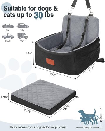 Автокрісло для собак маленьких порід, переносна лежанка для собак з memory foam, знімний та пральний чохол, автокрісло для собак з 3-точковими ременями безпеки (Чорний/Сірий, Маленький)