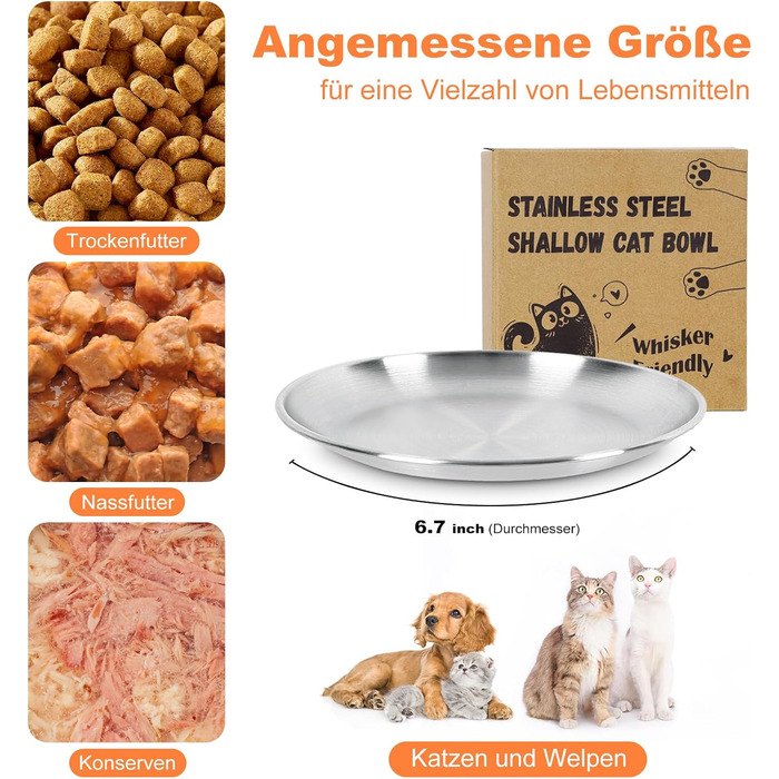 Набори мисок для котів (4 шт.) з нержавіючої сталі, проти ковзання, для вологого та сухого корму, 17 см, зручні для вусів