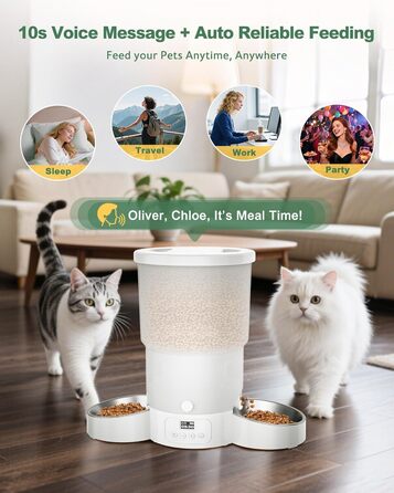 Автоматичний годівниця для котів та собак Gimars 5L з LCD-дисплеєм, 2 миски, програмування, 1-6 прийомів їжі, голосовий запис, білий колір