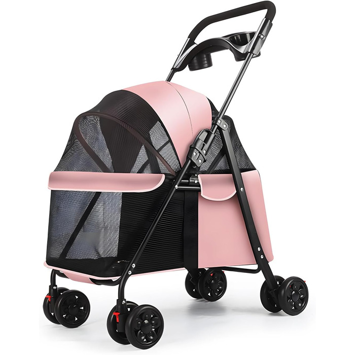 Kamulouk Візок для собак з 4 колесами, туристичний, для вигулу домашніх тварин, з тримачем для напоїв, універсальний для котів та собак, з дихаючою сіткою, для середніх та маленьких собак (Рожевий)
